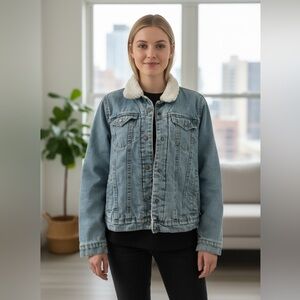 Highway Image Jean Jacket M Women Blue Denim Distress Sherpa lined Outdoor